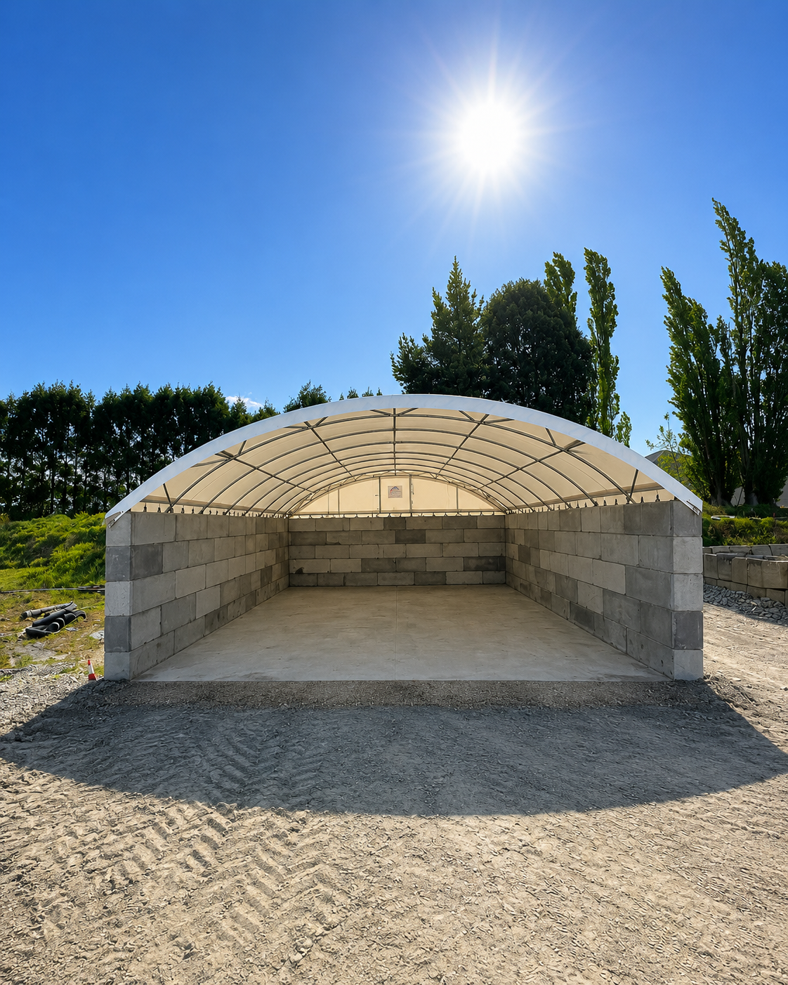 Container shelter on a 3m high block wall at a concrete firm