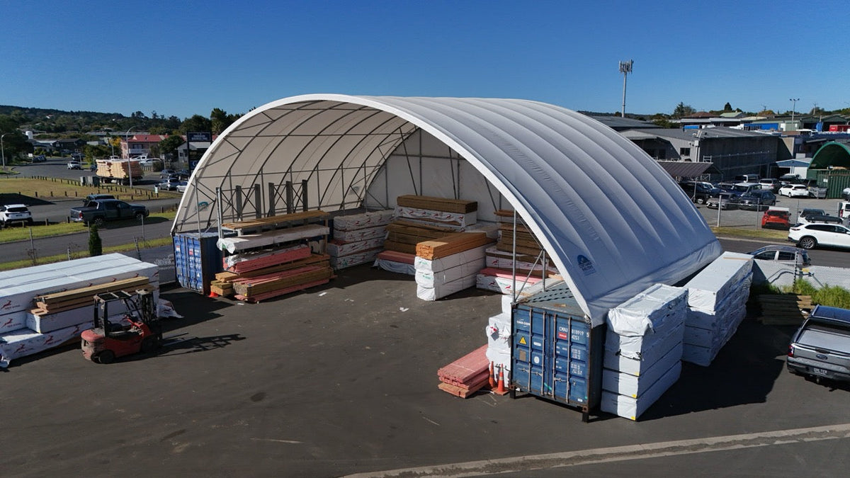 Big Bertha container shelter over 40ft containers at VIP Frame & Truss