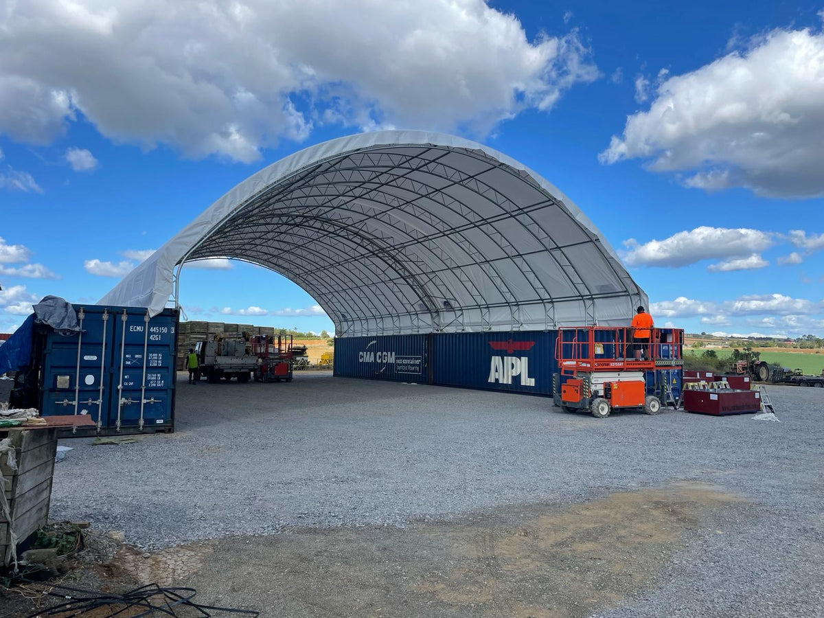 14m x 80ft composting shelter standing 7.9m high
