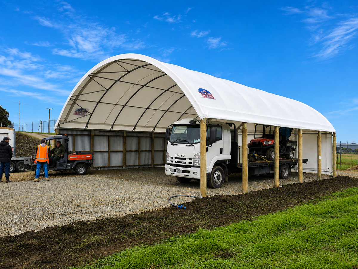 12m x 40ft container shelter mounted on poles