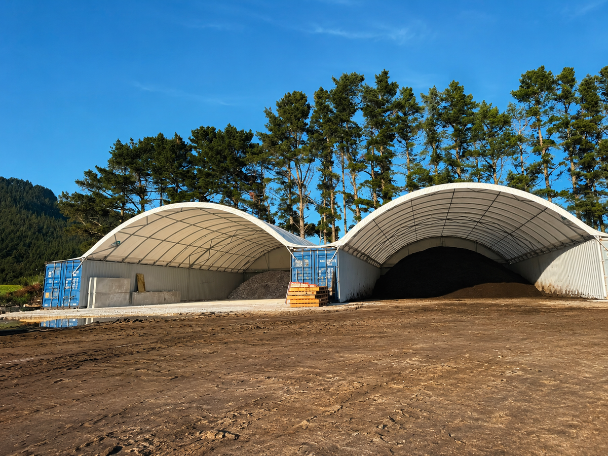 Container shelter covering gypsum storage at a recycling site