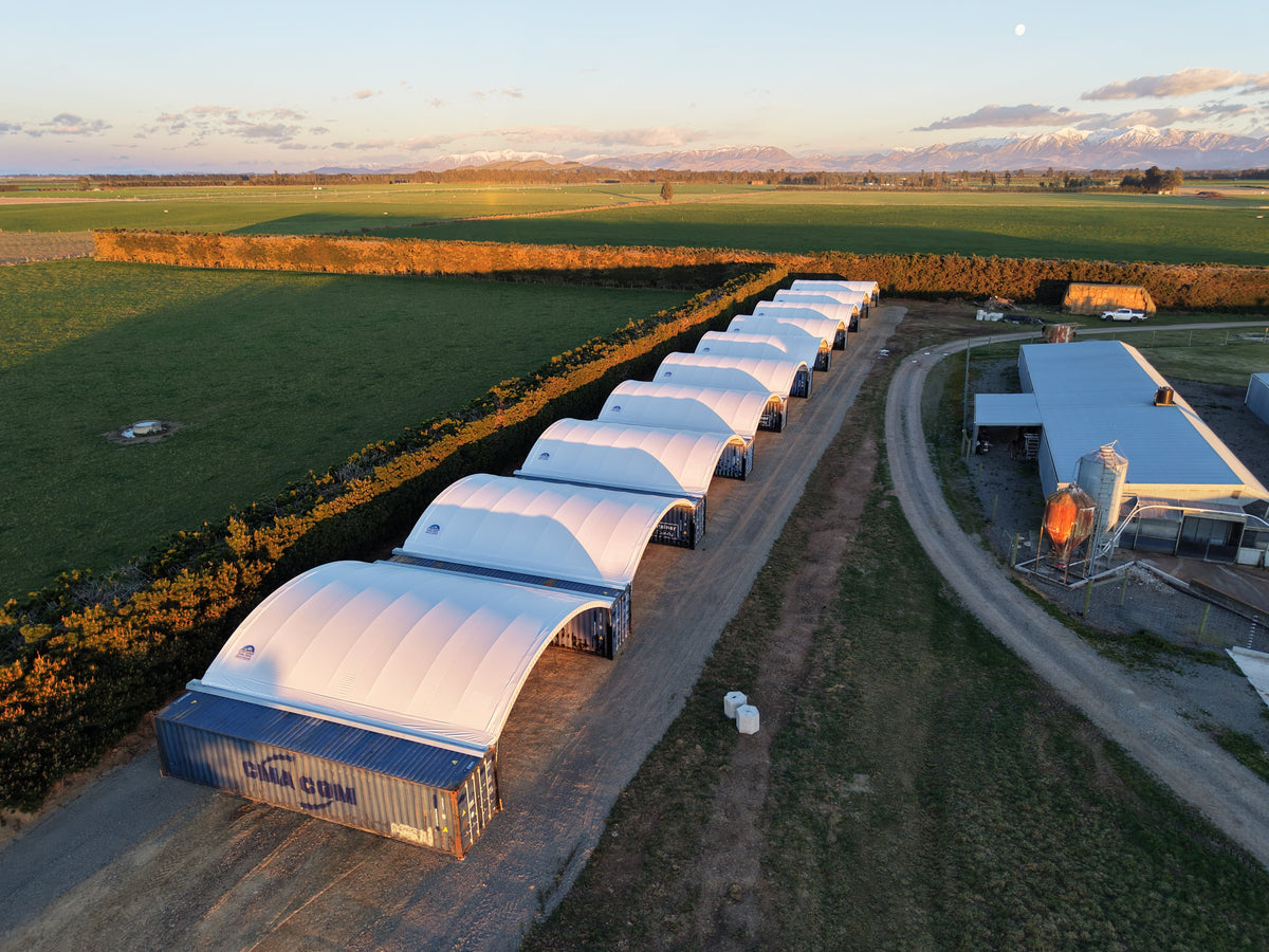 Ten 10m container shelters sharing containers at a livestock operation